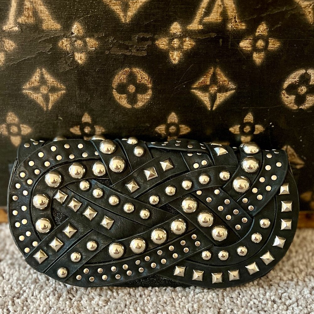 Black Leather Silver Studded Clutch, Crossbody Strap